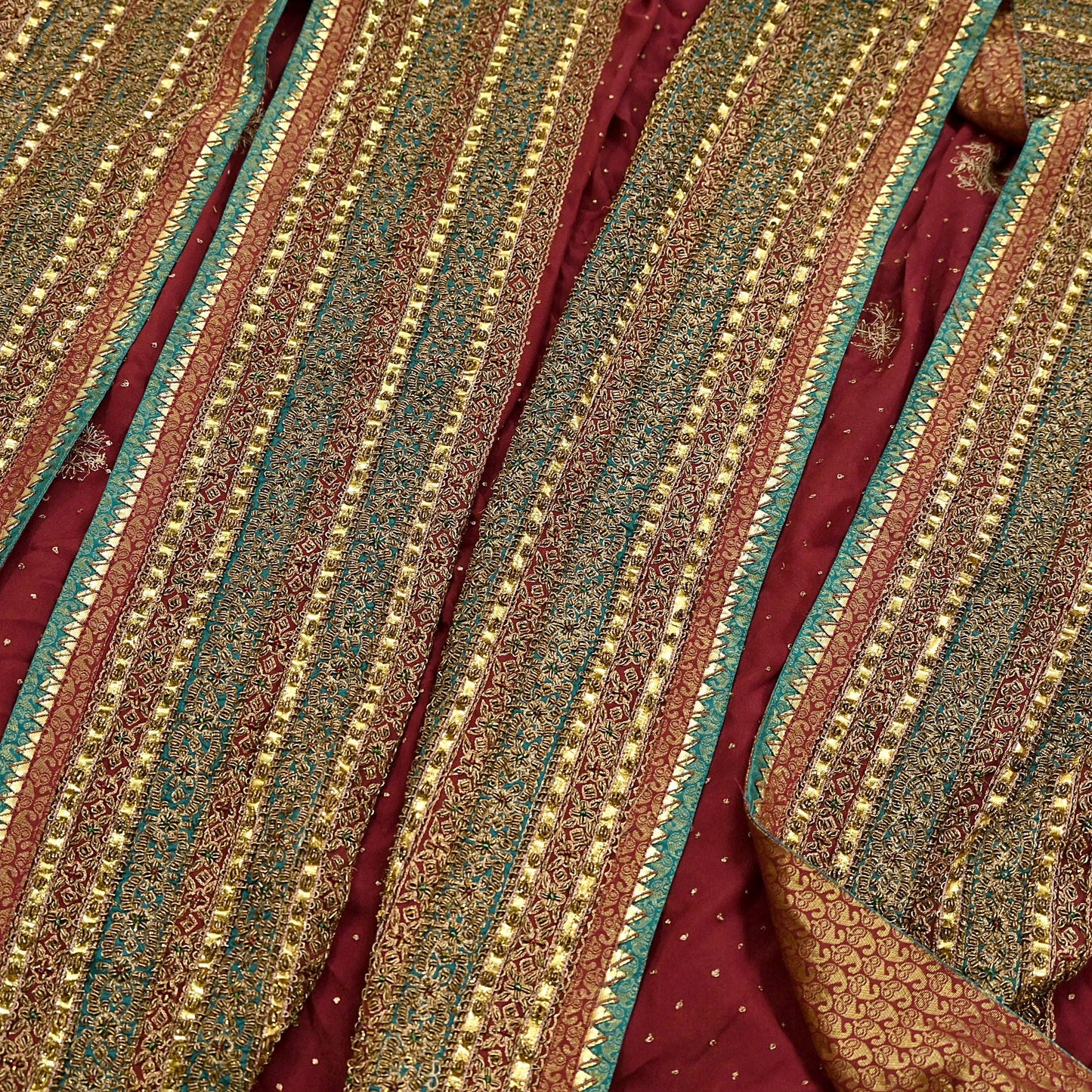 Indian Vintage Heavy Maroon Dupatta Pure Silk Long Stole Hand Embroidered Designer By Ritu Kumar Scarves Scarf Zari Zardozi
