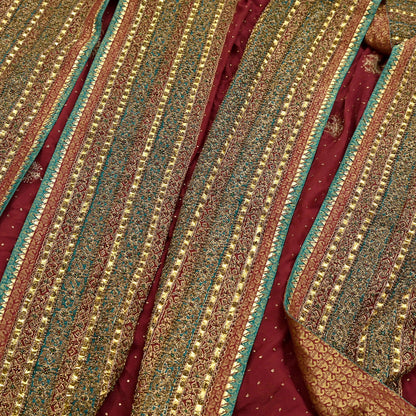 Indian Vintage Heavy Maroon Dupatta Pure Silk Long Stole Hand Embroidered Designer By Ritu Kumar Scarves Scarf Zari Zardozi