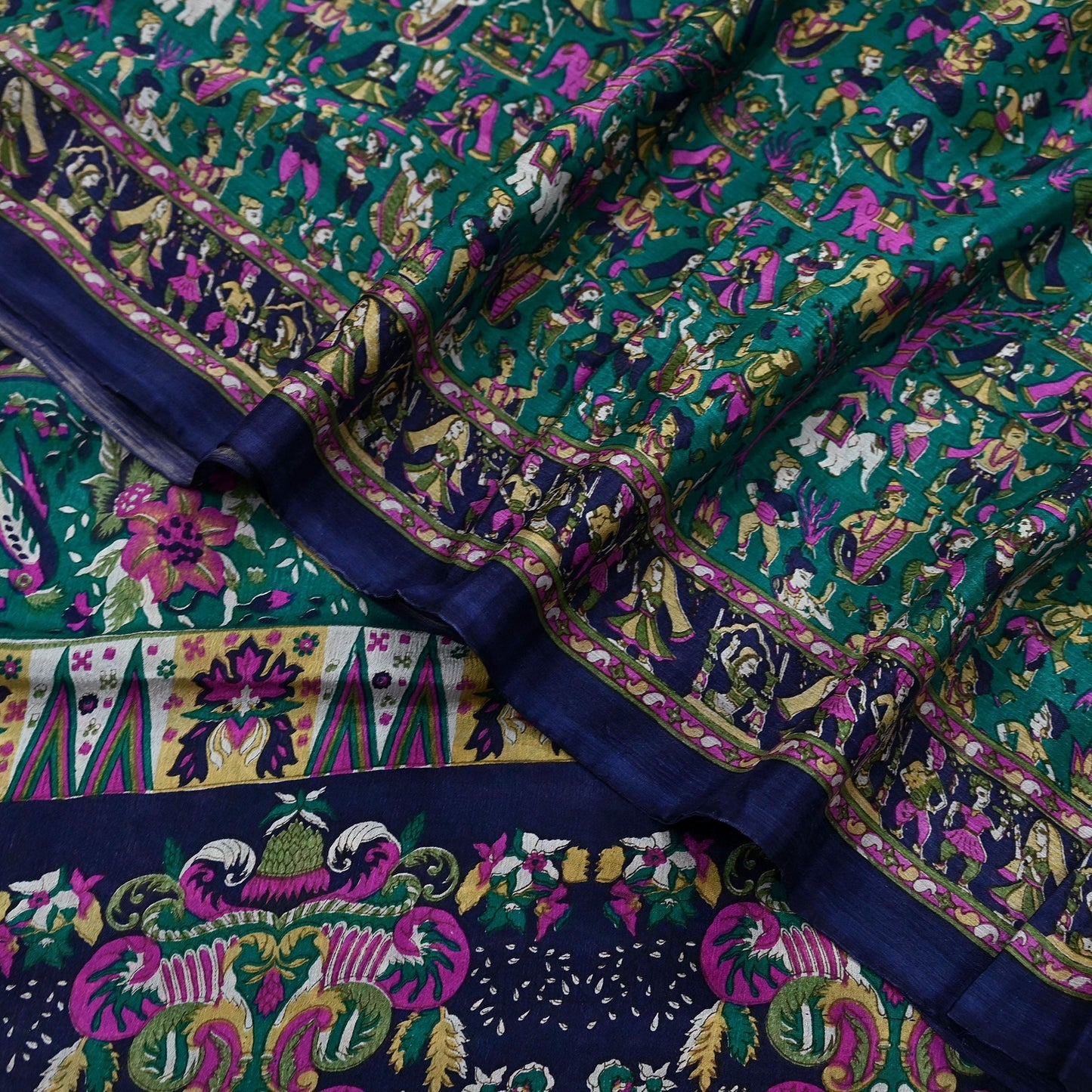 Indian Vintage Sari Green & Blue 100% Pure Silk Printed Sarees 6yd Sewing Craft Fabric Dress Making Soft Wrap Crafting Quilting Upcycle