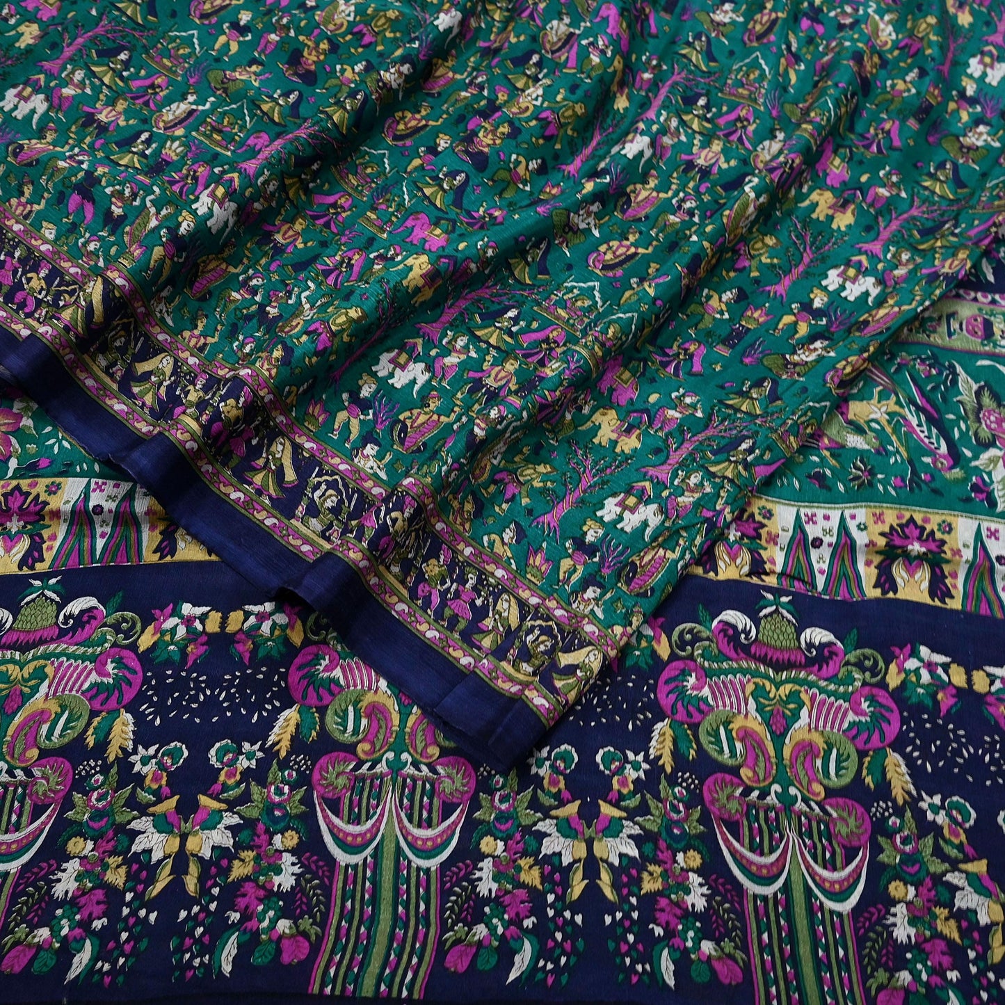 Indian Vintage Sari Green & Blue 100% Pure Silk Printed Sarees 6yd Sewing Craft Fabric Dress Making Soft Wrap Crafting Quilting Upcycle