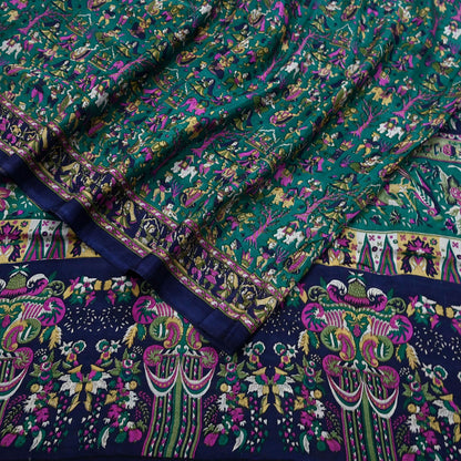 Indian Vintage Sari Green & Blue 100% Pure Silk Printed Sarees 6yd Sewing Craft Fabric Dress Making Soft Wrap Crafting Quilting Upcycle