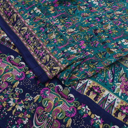 Indian Vintage Sari Green & Blue 100% Pure Silk Printed Sarees 6yd Sewing Craft Fabric Dress Making Soft Wrap Crafting Quilting Upcycle