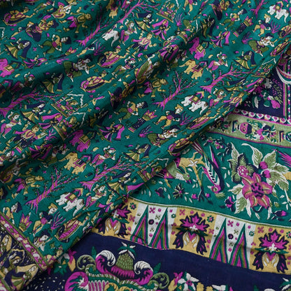 Indian Vintage Sari Green & Blue 100% Pure Silk Printed Sarees 6yd Sewing Craft Fabric Dress Making Soft Wrap Crafting Quilting Upcycle