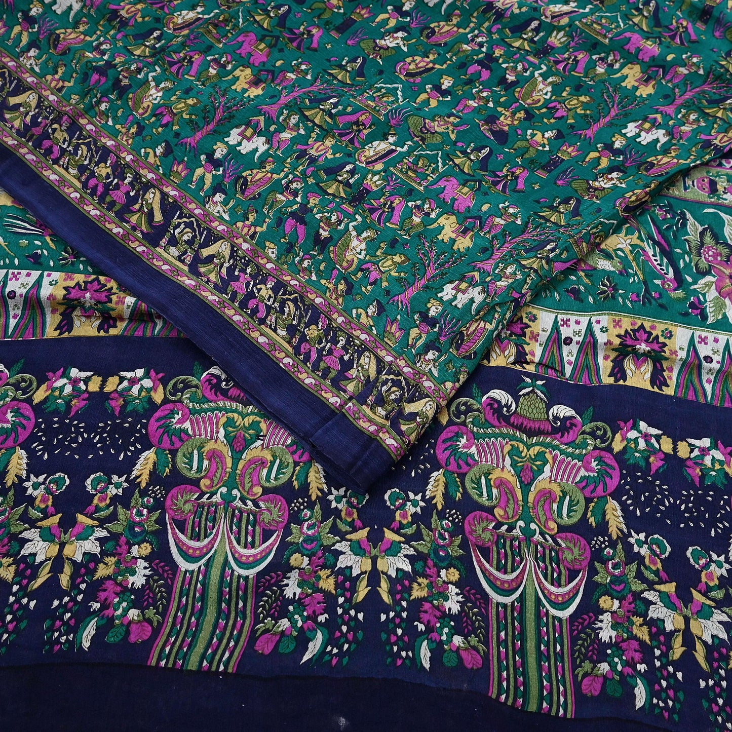 Indian Vintage Sari Green & Blue 100% Pure Silk Printed Sarees 6yd Sewing Craft Fabric Dress Making Soft Wrap Crafting Quilting Upcycle