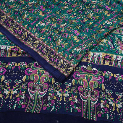 Indian Vintage Sari Green & Blue 100% Pure Silk Printed Sarees 6yd Sewing Craft Fabric Dress Making Soft Wrap Crafting Quilting Upcycle