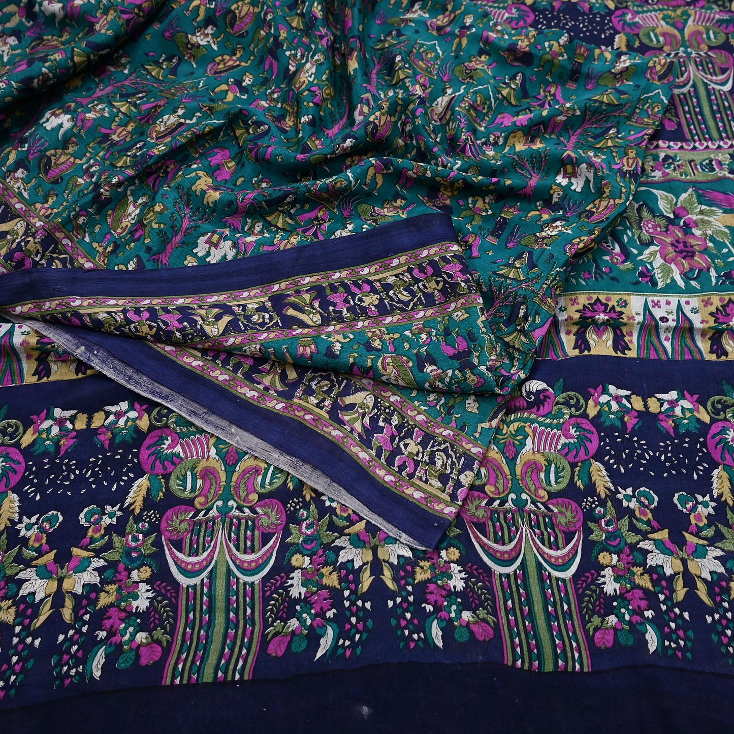 Indian Vintage Sari Green & Blue 100% Pure Silk Printed Sarees 6yd Sewing Craft Fabric Dress Making Soft Wrap Crafting Quilting Upcycle