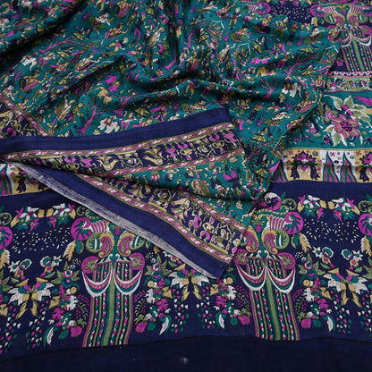 Indian Vintage Sari Green & Blue 100% Pure Silk Printed Sarees 6yd Sewing Craft Fabric Dress Making Soft Wrap Crafting Quilting Upcycle