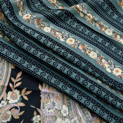 Indian Vintage Sari Black & Gray 100% Pure Silk Printed Saree 5yd Sewing Craft Fabric Dress Making Soft Crafting Quilting Upcycle Used