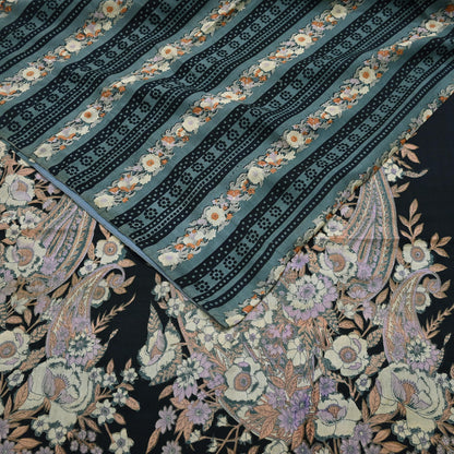 Indian Vintage Sari Black & Gray 100% Pure Silk Printed Saree 5yd Sewing Craft Fabric Dress Making Soft Crafting Quilting Upcycle Used