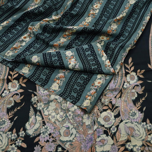 Indian Vintage Sari Black & Gray 100% Pure Silk Printed Saree 5yd Sewing Craft Fabric Dress Making Soft Crafting Quilting Upcycle Used