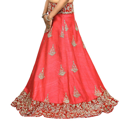 Indian Red Raw Silk Hand Embroidered Bridal Lehenga Set by Abdul Halder Heavy Zardozi Designer Wedding Outfit Pre-Owned Couture