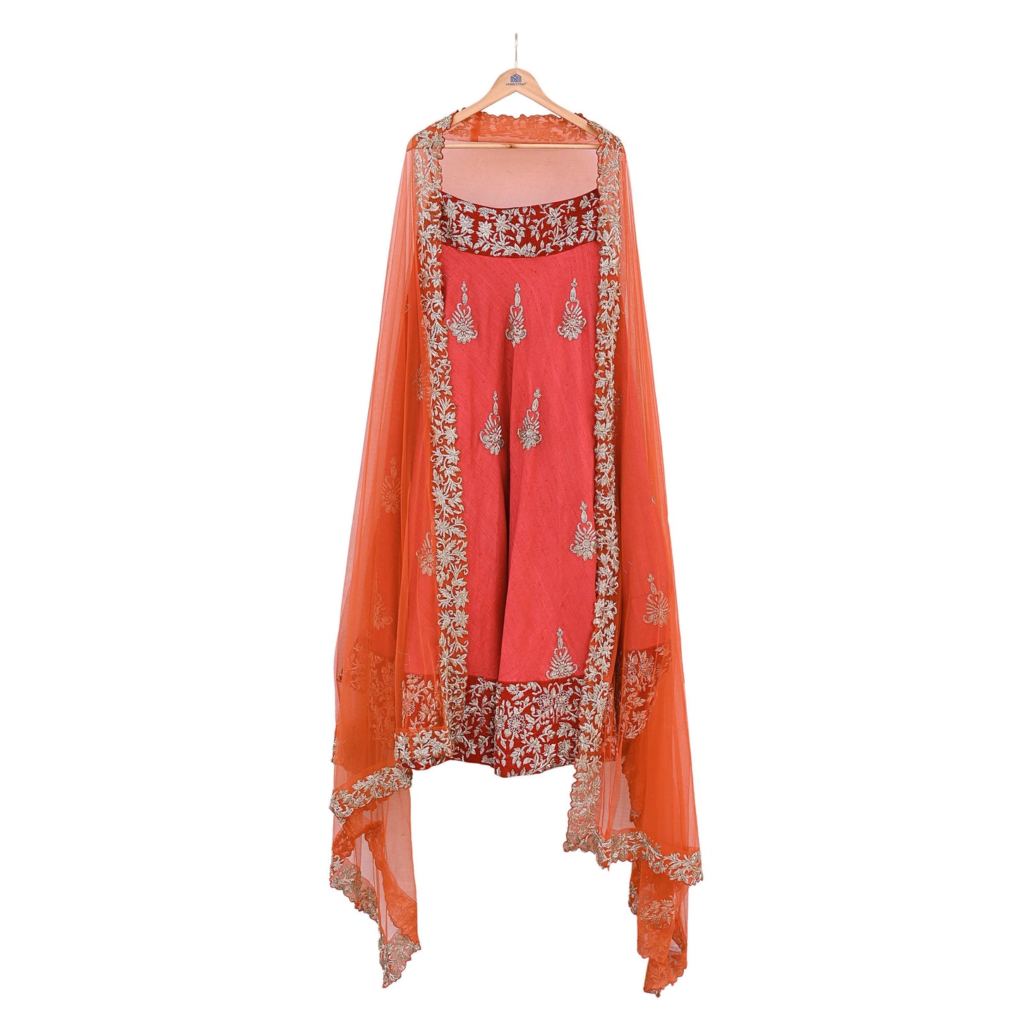Indian Red Raw Silk Hand Embroidered Bridal Lehenga Set by Abdul Halder Heavy Zardozi Designer Wedding Outfit Pre-Owned Couture