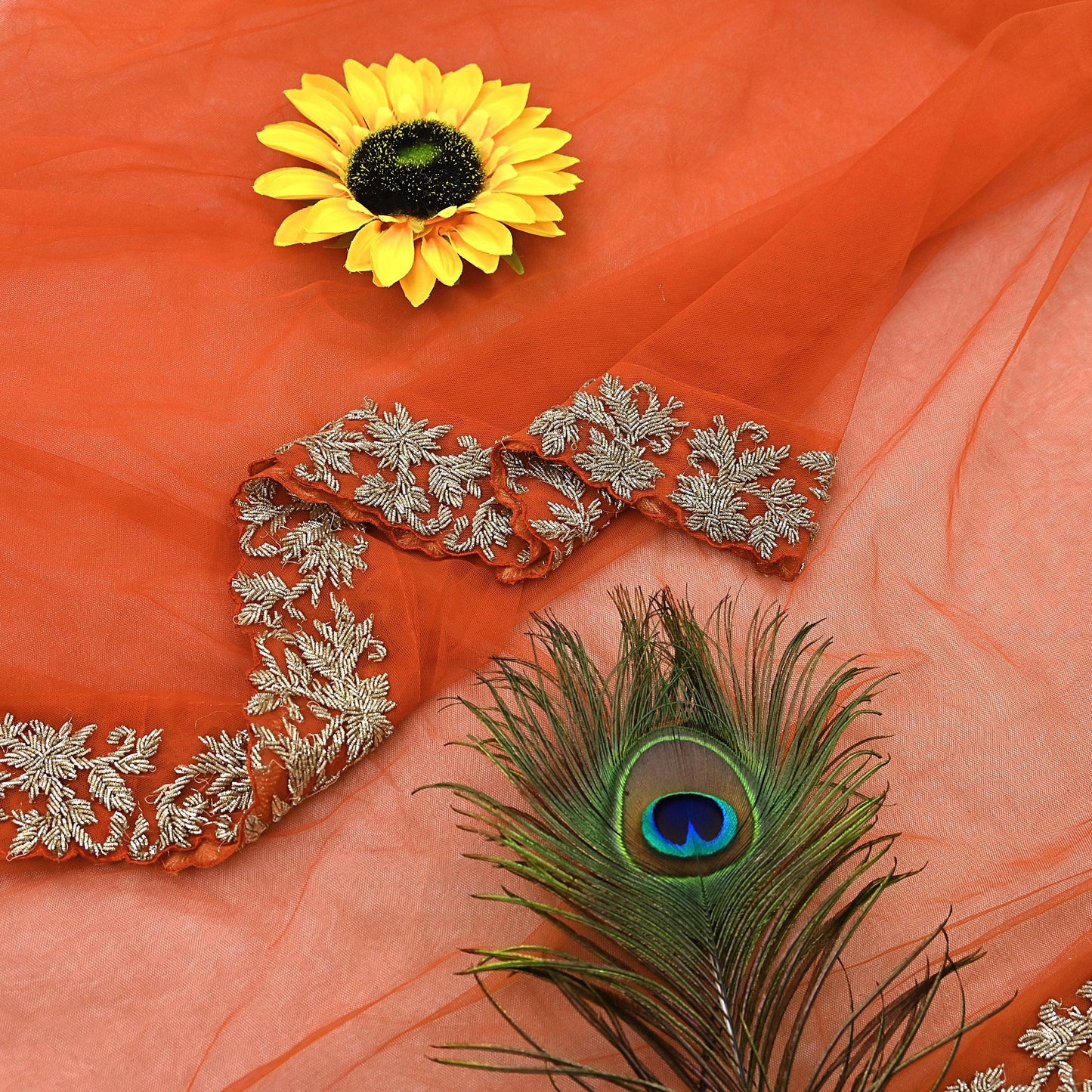 Orange Net Hand Embroidered Dupatta by Abdul Halder Indian Wedding Bridal Veil Heavy Zardozi Designer Stole Pre-Owned Couture