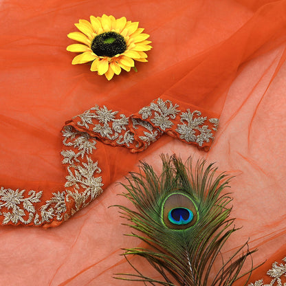 Orange Net Hand Embroidered Dupatta by Abdul Halder Indian Wedding Bridal Veil Heavy Zardozi Designer Stole Pre-Owned Couture