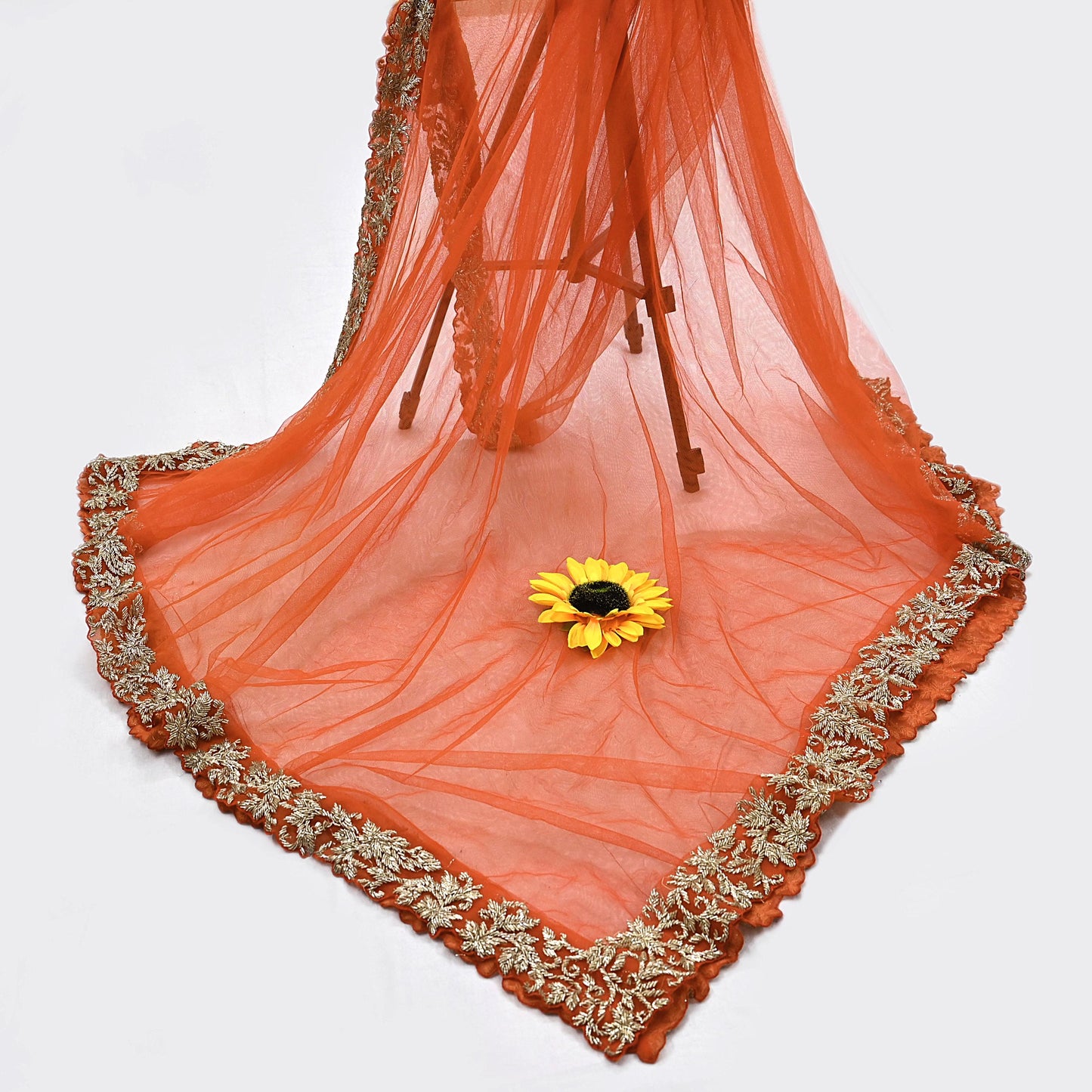 Orange Net Hand Embroidered Dupatta by Abdul Halder Indian Wedding Bridal Veil Heavy Zardozi Designer Stole Pre-Owned Couture