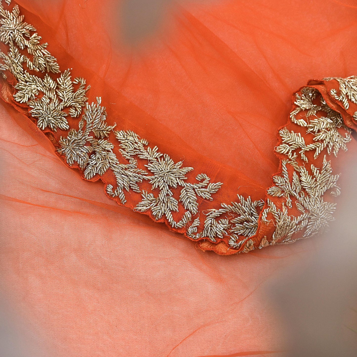 Orange Net Hand Embroidered Dupatta by Abdul Halder Indian Wedding Bridal Veil Heavy Zardozi Designer Stole Pre-Owned Couture