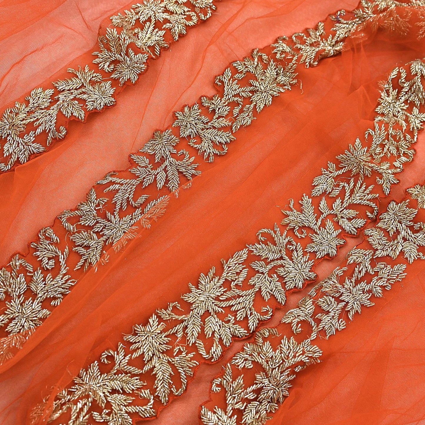 Orange Net Hand Embroidered Dupatta by Abdul Halder Indian Wedding Bridal Veil Heavy Zardozi Designer Stole Pre-Owned Couture