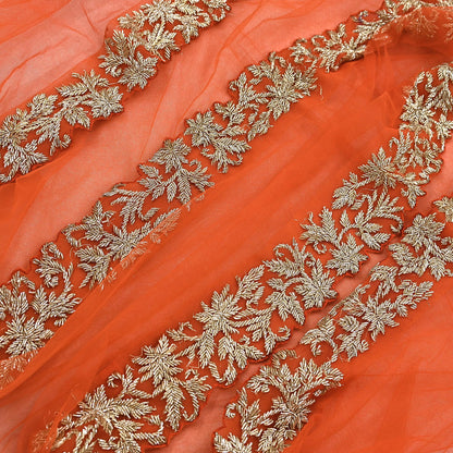 Orange Net Hand Embroidered Dupatta by Abdul Halder Indian Wedding Bridal Veil Heavy Zardozi Designer Stole Pre-Owned Couture