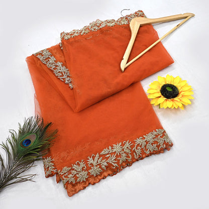 Orange Net Hand Embroidered Dupatta by Abdul Halder Indian Wedding Bridal Veil Heavy Zardozi Designer Stole Pre-Owned Couture