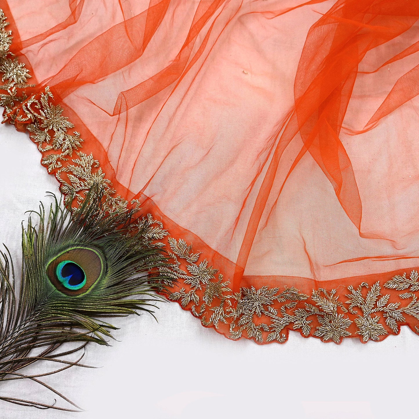 Orange Net Hand Embroidered Dupatta by Abdul Halder Indian Wedding Bridal Veil Heavy Zardozi Designer Stole Pre-Owned Couture