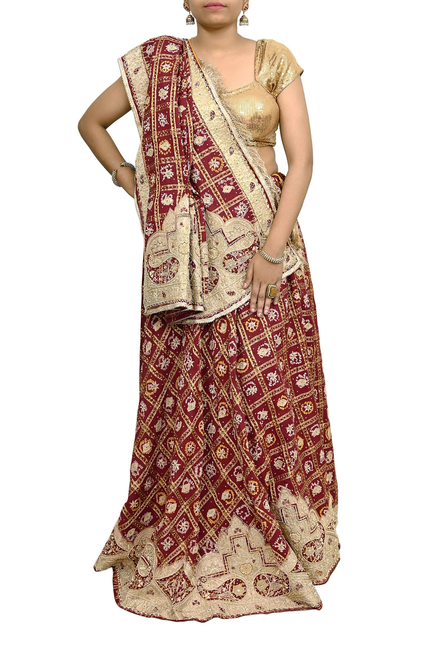 Indian Vintage Heavy Wedding Maroon Pure Cotton Hand Embroidered Bandhani Gharchola Lehenga/Dupatta Bridal Wear Zardozi/ Dabka, Zari