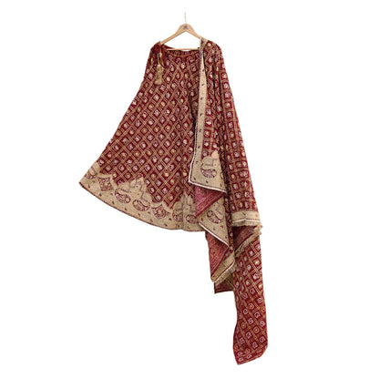 Indian Vintage Heavy Wedding Maroon Pure Cotton Hand Embroidered Bandhani Gharchola Lehenga/Dupatta Bridal Wear Zardozi/ Dabka, Zari