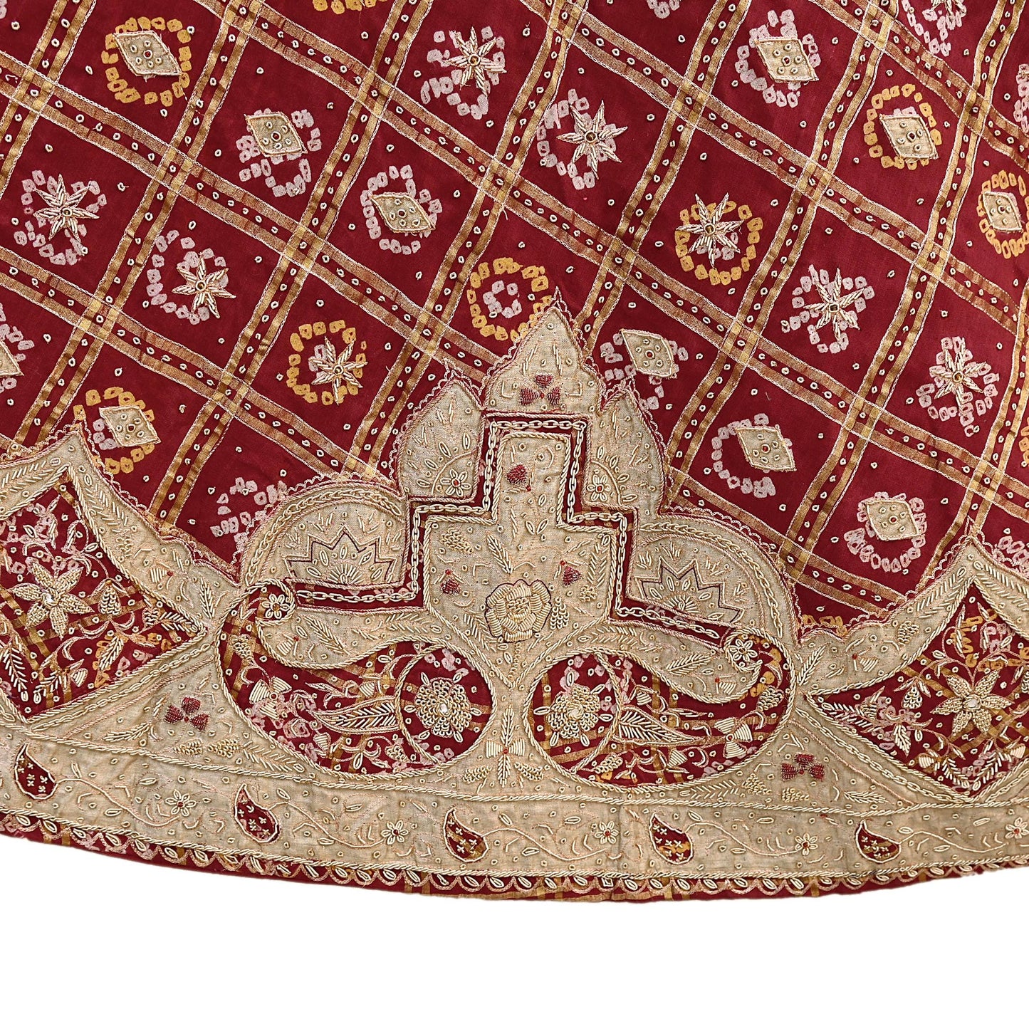 Indian Vintage Heavy Wedding Maroon Pure Cotton Hand Embroidered Bandhani Gharchola Lehenga/Dupatta Bridal Wear Zardozi/ Dabka, Zari