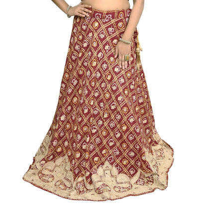 Indian Vintage Heavy Wedding Maroon Pure Cotton Hand Embroidered Bandhani Gharchola Lehenga/Dupatta Bridal Wear Zardozi/ Dabka, Zari
