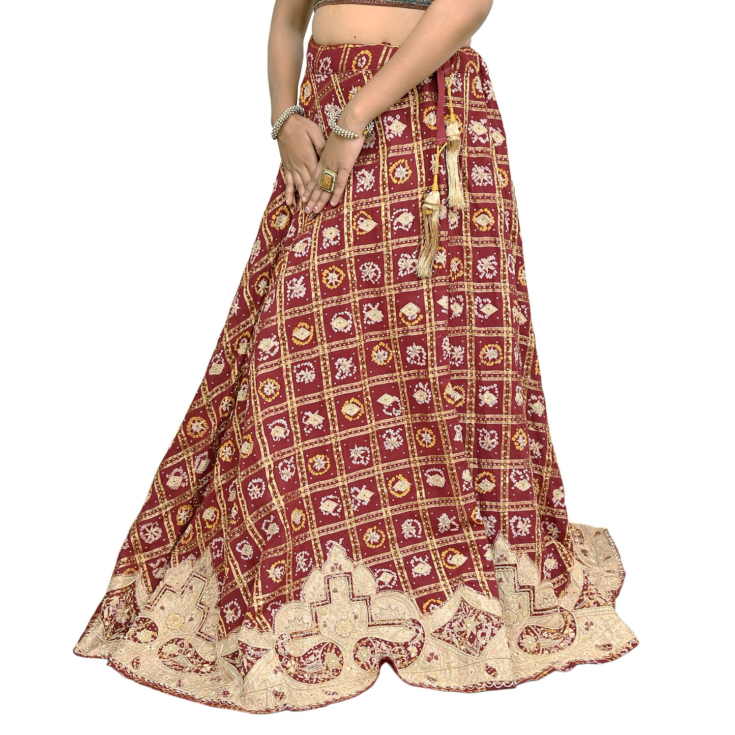 Indian Vintage Heavy Wedding Maroon Pure Cotton Hand Embroidered Bandhani Gharchola Lehenga/Dupatta Bridal Wear Zardozi/ Dabka, Zari