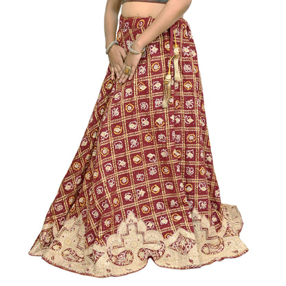 Indian Vintage Heavy Wedding Maroon Pure Cotton Hand Embroidered Bandhani Gharchola Lehenga/Dupatta Bridal Wear Zardozi/ Dabka, Zari