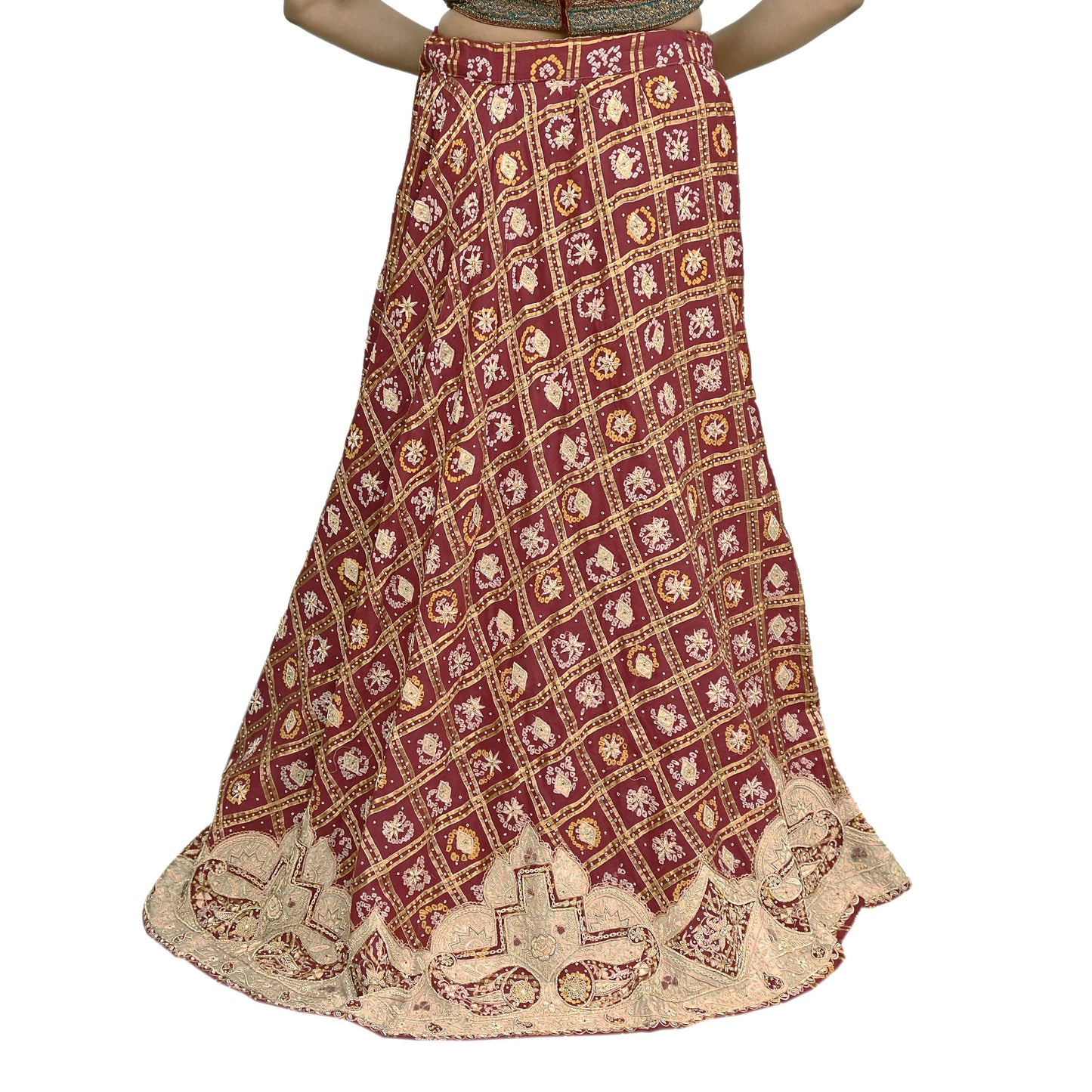 Indian Vintage Heavy Wedding Maroon Pure Cotton Hand Embroidered Bandhani Gharchola Lehenga/Dupatta Bridal Wear Zardozi/ Dabka, Zari