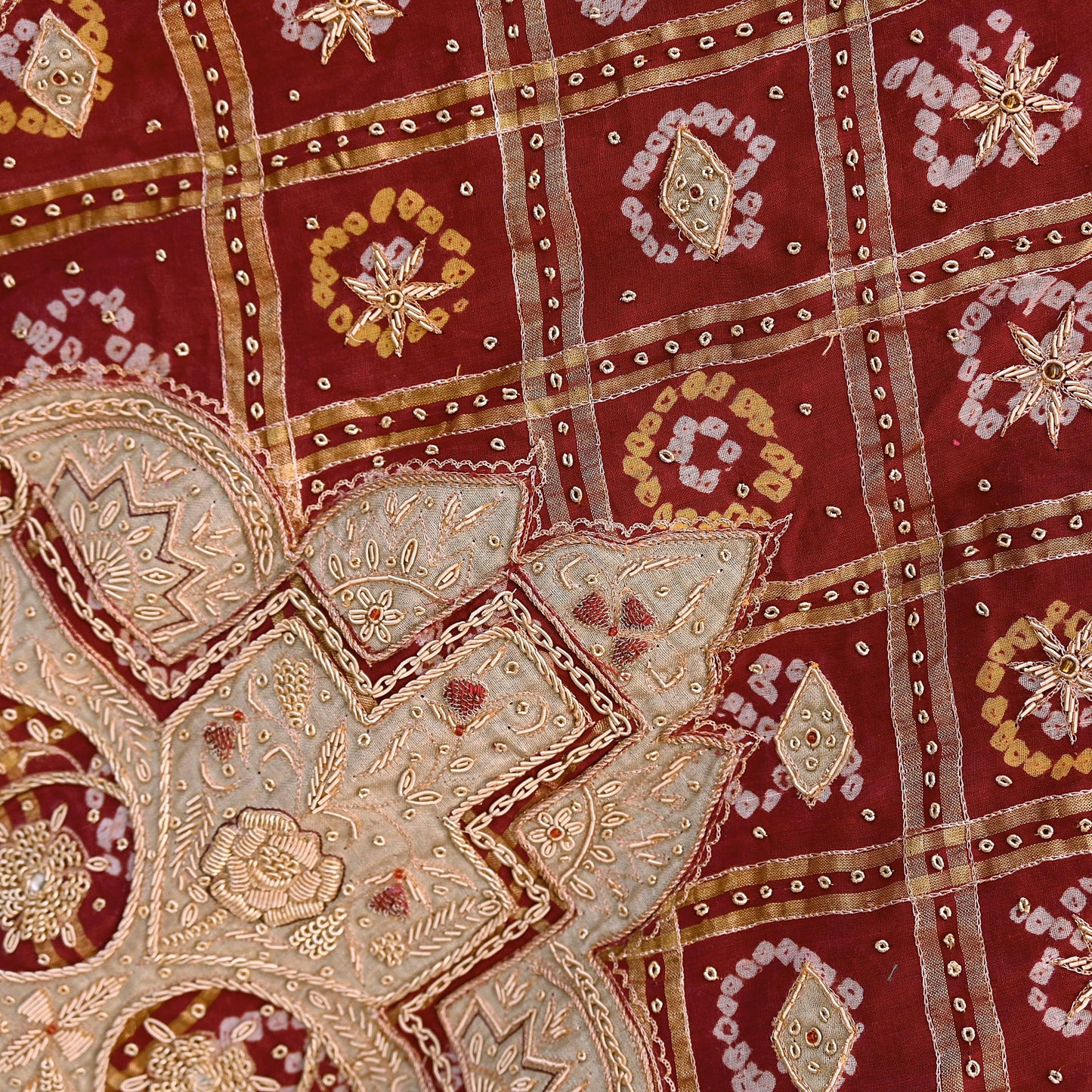 Indian Vintage Heavy Wedding Maroon Pure Cotton Hand Embroidered Bandhani Gharchola Lehenga/Dupatta Bridal Wear Zardozi/ Dabka, Zari