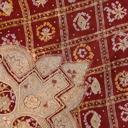 Indian Vintage Heavy Wedding Maroon Pure Cotton Hand Embroidered Bandhani Gharchola Lehenga/Dupatta Bridal Wear Zardozi/ Dabka, Zari