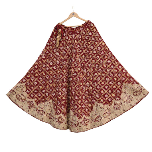 Indian Vintage Heavy Wedding Maroon Pure Cotton Hand Embroidered Bandhani Gharchola Lehenga/Skirt Bridal Wear Zardozi/ Dabka, Zari