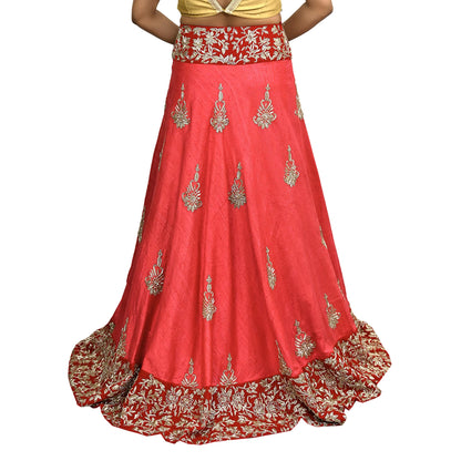 Indian Red Raw Silk Hand Embroidered Lehenga/skirt by Abdul Halder Heavy Zardozi Designer Wedding Outfit Pre-Owned Couture