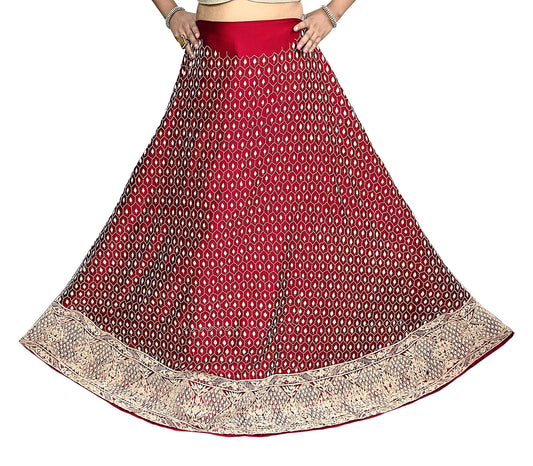 Indian Vintage Heavy Wedding Red Unstitched skirt/ Lehenga Pure Satin Silk Hand Embroidered Bridal wear Ethnic Skirt