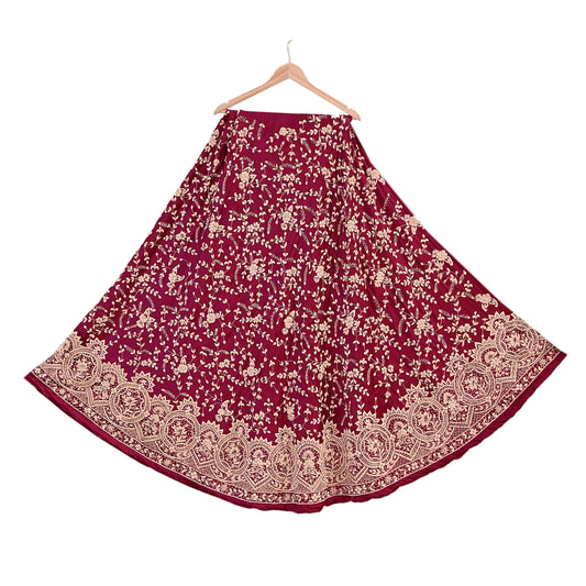 Indian Vintage Heavy Wedding Maroon Unstitched skirt Pure Satin Silk Hand Embroidered Lehenga Bridal wear Ethnic Skirt