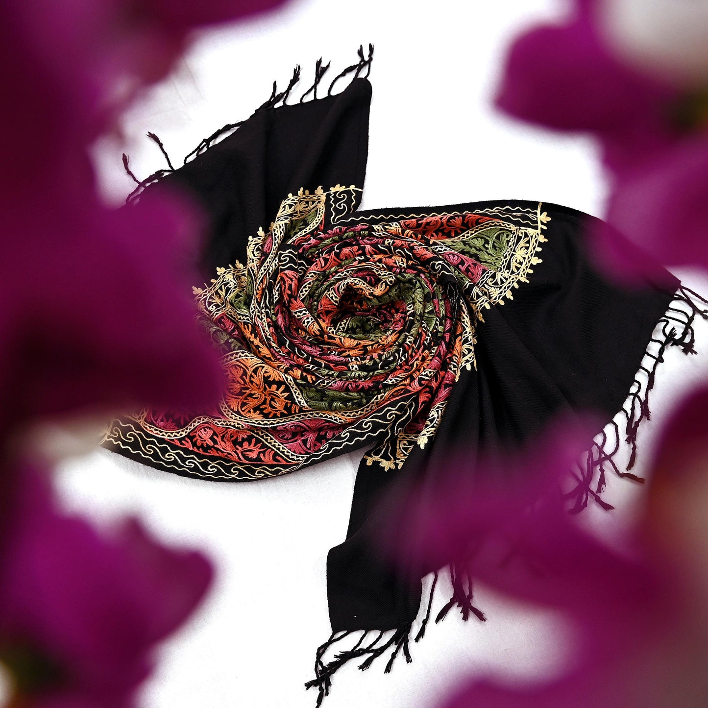 Vintage Stole Black woolen Handmade Ari work Long Throw Warm Stole Floral Design Fringes