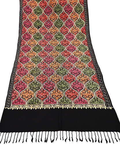Vintage Stole Black woolen Handmade Ari work Long Throw Warm Stole Floral Design Fringes