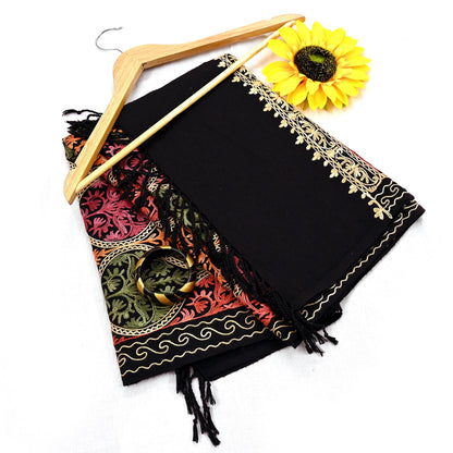 Vintage Stole Black woolen Handmade Ari work Long Throw Warm Stole Floral Design Fringes