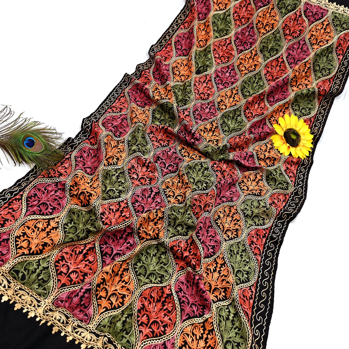 Vintage Stole Black woolen Handmade Ari work Long Throw Warm Stole Floral Design Fringes