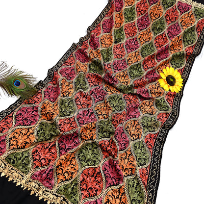 Vintage Stole Black woolen Handmade Ari work Long Throw Warm Stole Floral Design Fringes