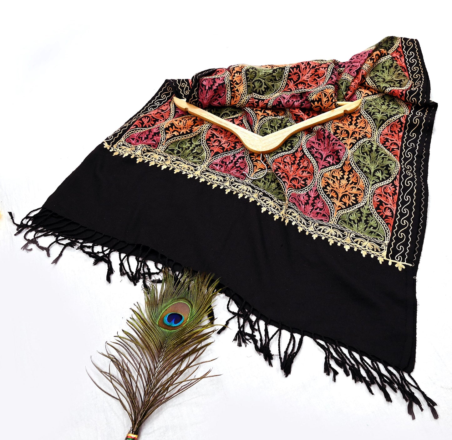 Vintage Stole Black woolen Handmade Ari work Long Throw Warm Stole Floral Design Fringes