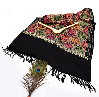 Vintage Stole Black woolen Handmade Ari work Long Throw Warm Stole Floral Design Fringes