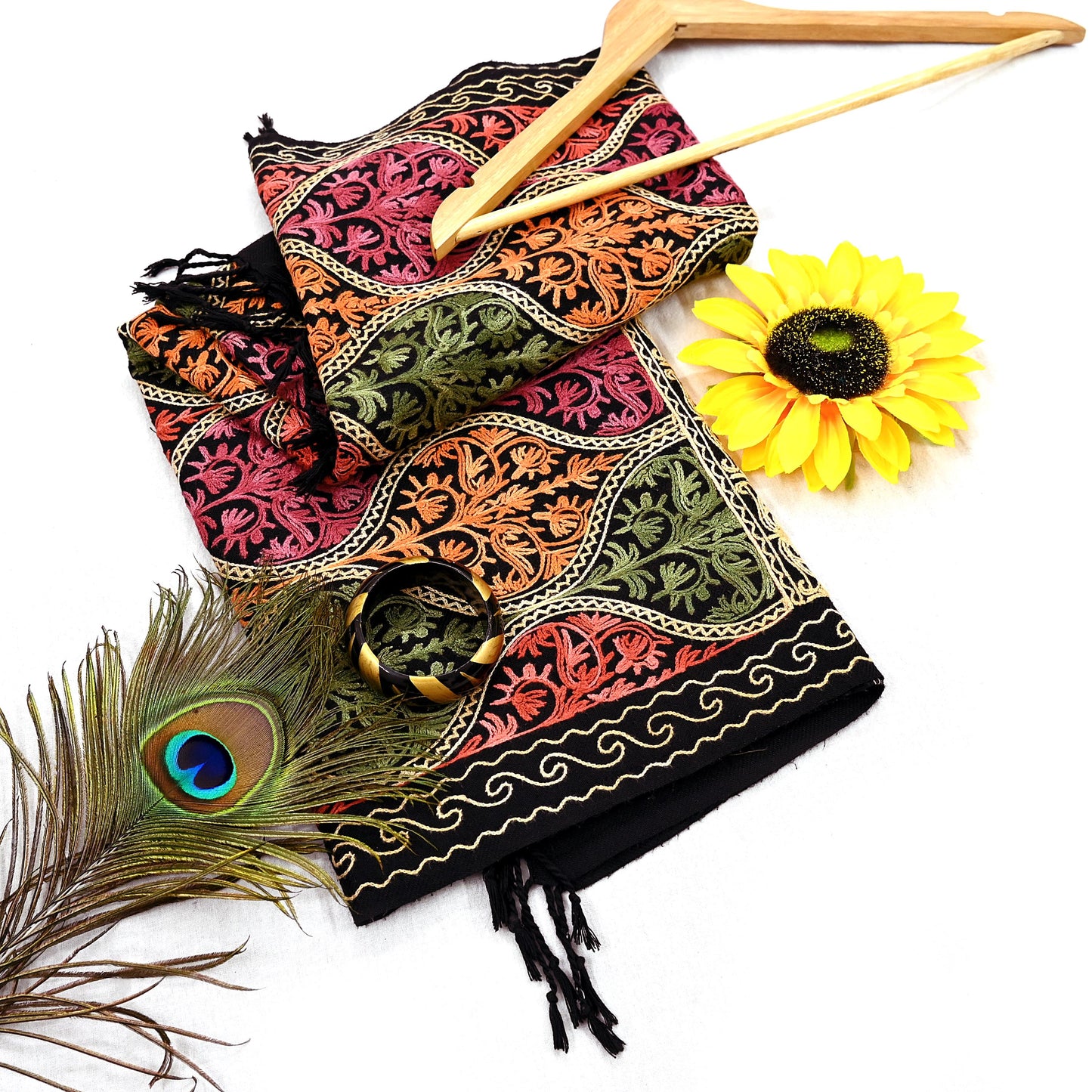 Vintage Stole Black woolen Handmade Ari work Long Throw Warm Stole Floral Design Fringes