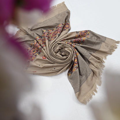 Vintage Brown Woolen Handmade Woven Long Throw Stole Warm Geometric Design Fringes