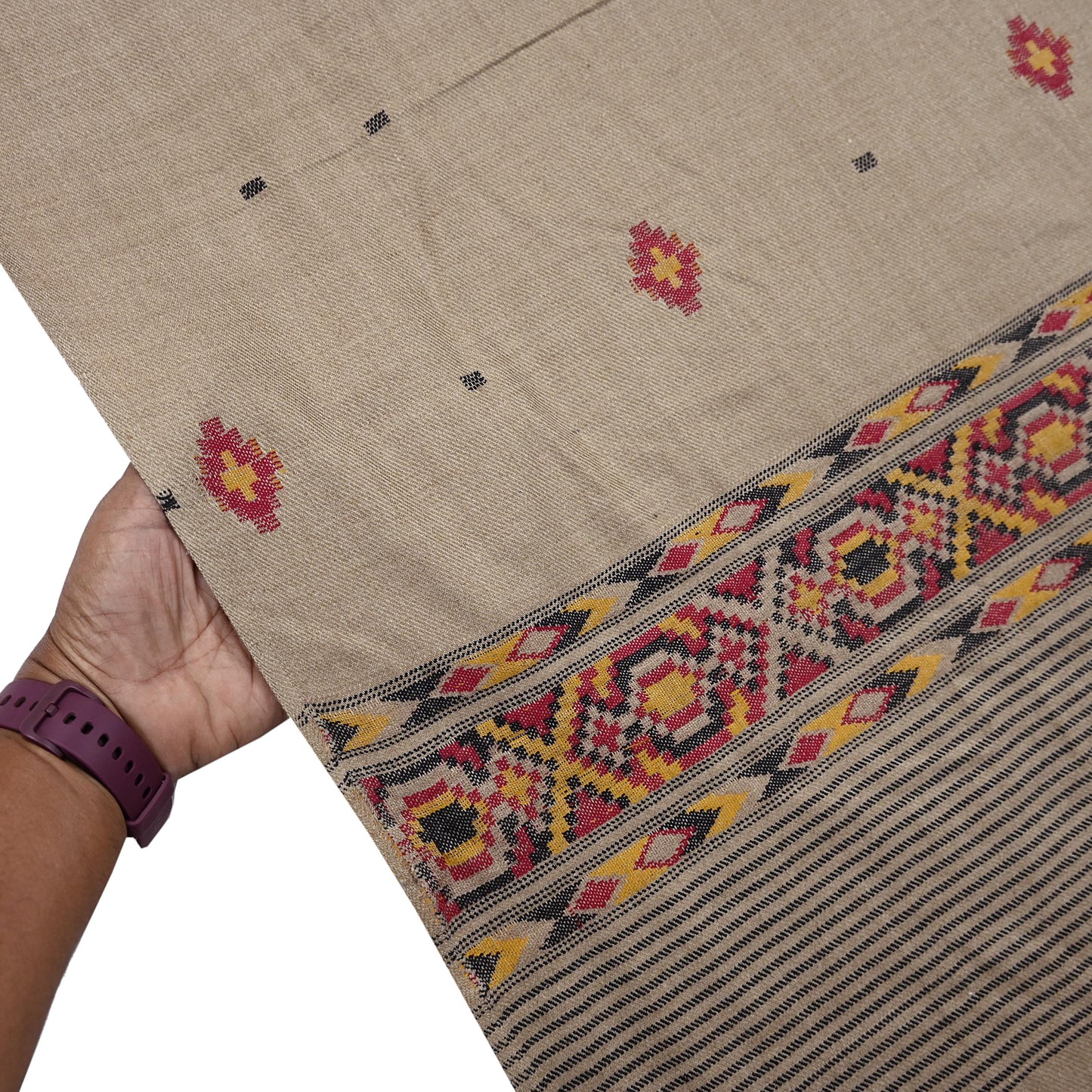 Vintage Brown Woolen Handmade Woven Long Throw Stole Warm Geometric Design Fringes