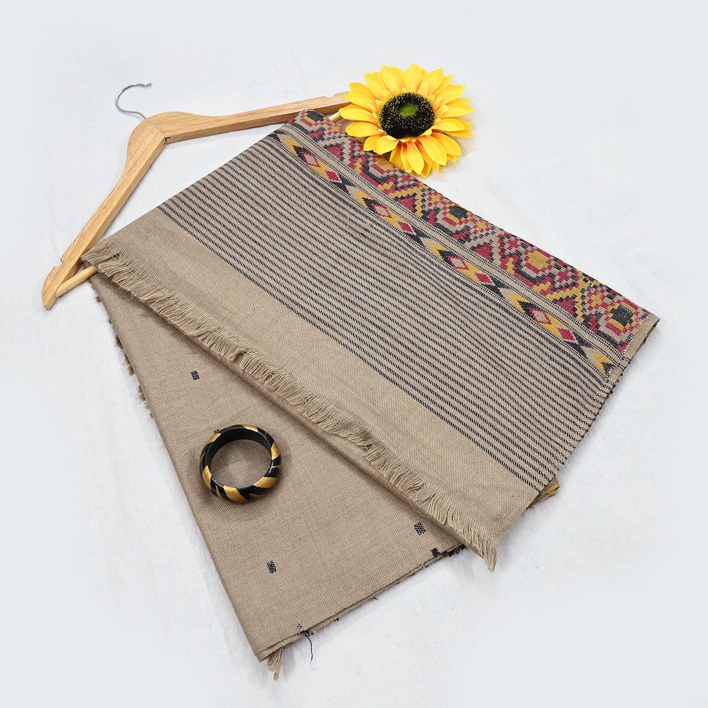 Vintage Brown Woolen Handmade Woven Long Throw Stole Warm Geometric Design Fringes