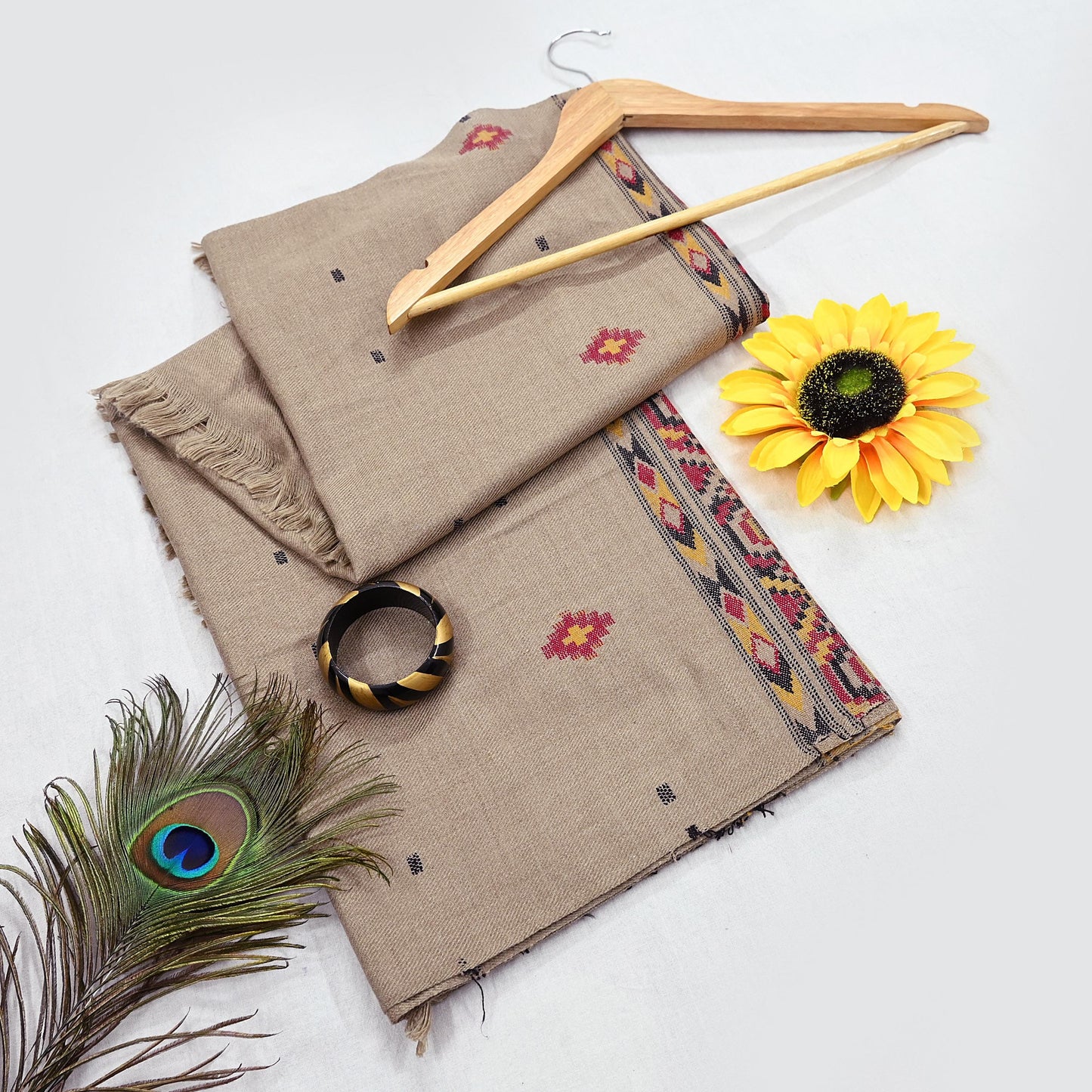 Vintage Brown Woolen Handmade Woven Long Throw Stole Warm Geometric Design Fringes