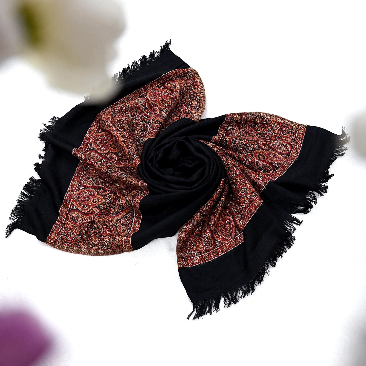 Vintage Black Viscose Stole Handmade Woven Long Throw Stole Warm Floral Design Fringes